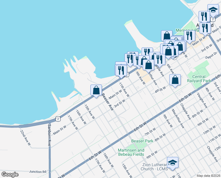 map of restaurants, bars, coffee shops, grocery stores, and more near 1205 Main Street West in Ashland