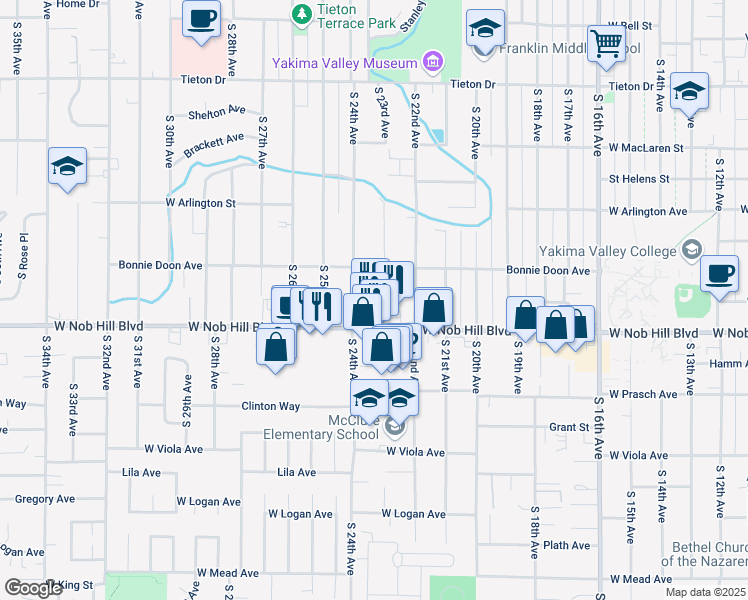 map of restaurants, bars, coffee shops, grocery stores, and more near 2301 West Nob Hill Boulevard in Yakima