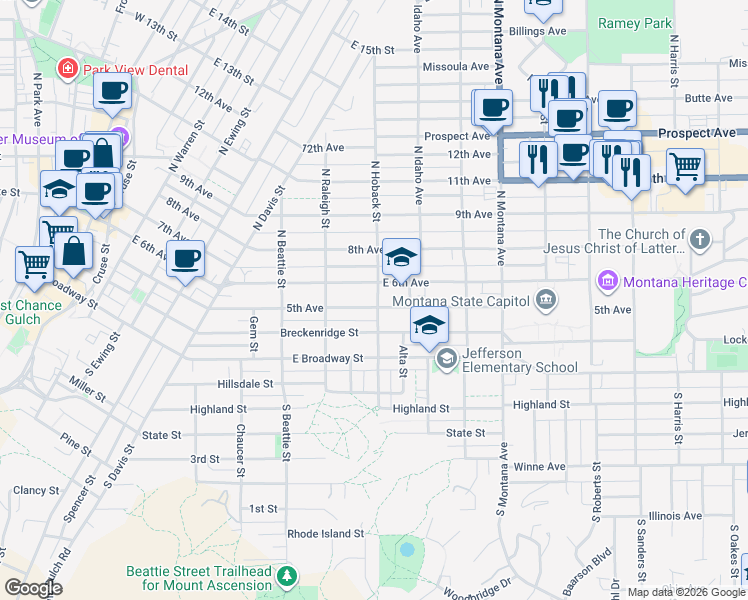 map of restaurants, bars, coffee shops, grocery stores, and more near 208 North Hoback Street in Helena