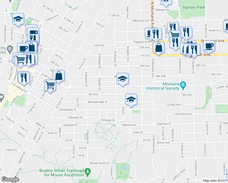 map of restaurants, bars, coffee shops, grocery stores, and more near 844 5th Avenue in Helena