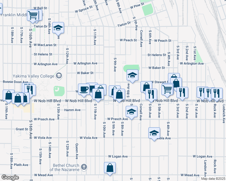map of restaurants, bars, coffee shops, grocery stores, and more near 1014 South 9th Avenue in Yakima