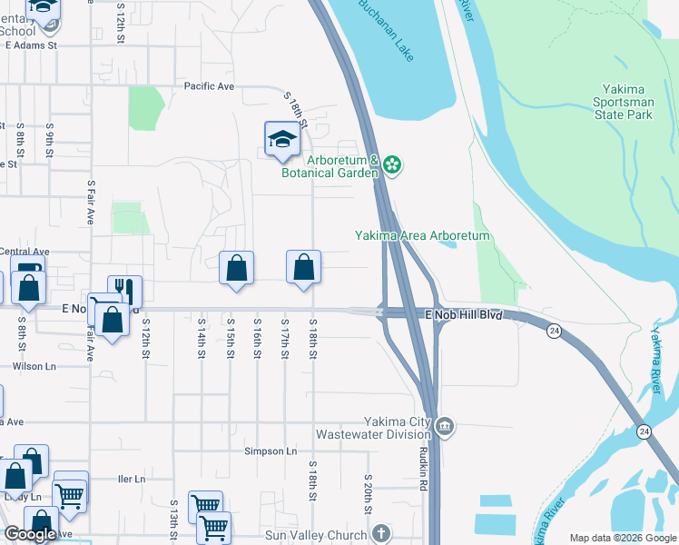 map of restaurants, bars, coffee shops, grocery stores, and more near 1810 East Sliger Road in Yakima