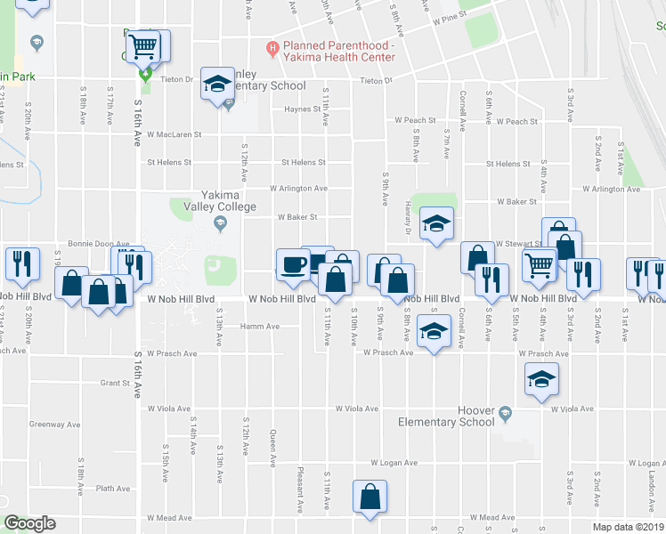map of restaurants, bars, coffee shops, grocery stores, and more near 1002 South 10th Avenue in Yakima
