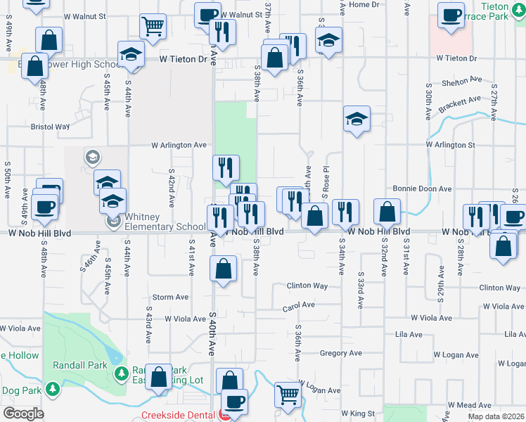 map of restaurants, bars, coffee shops, grocery stores, and more near 1008 South 38th Avenue in Yakima