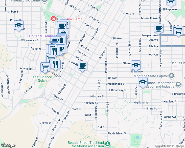 map of restaurants, bars, coffee shops, grocery stores, and more near 320 North Davis Street in Helena