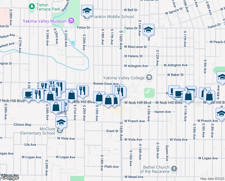 map of restaurants, bars, coffee shops, grocery stores, and more near 1608 Bonnie Doon Avenue in Yakima