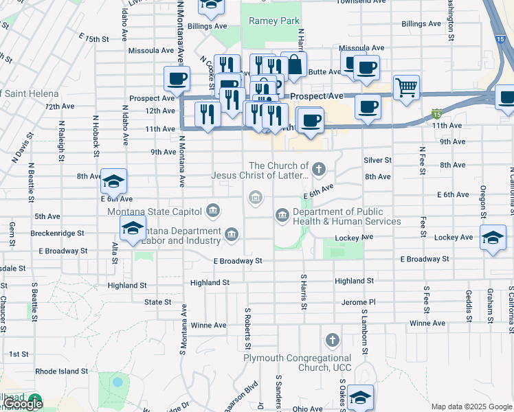 map of restaurants, bars, coffee shops, grocery stores, and more near 225 North Roberts Street in Helena