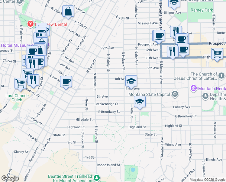 map of restaurants, bars, coffee shops, grocery stores, and more near 800 East 6th Avenue in Helena