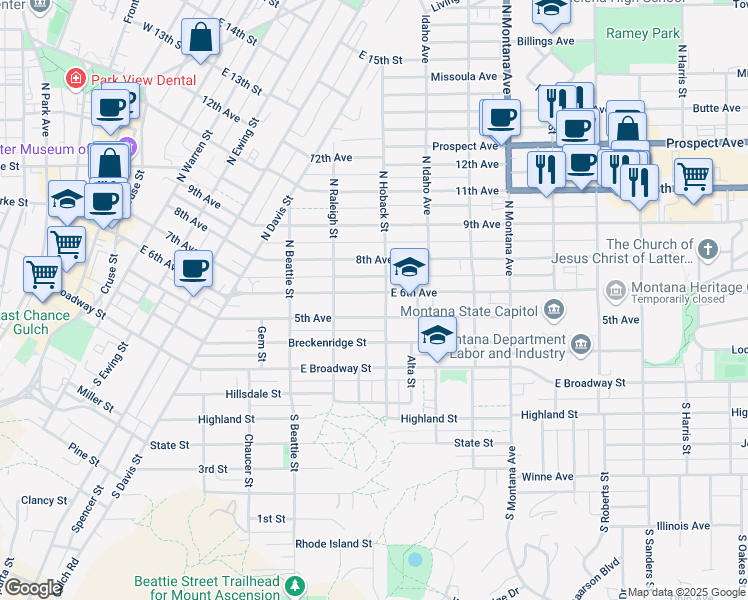 map of restaurants, bars, coffee shops, grocery stores, and more near 842 E 6th Ave in Helena