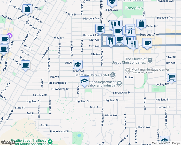 map of restaurants, bars, coffee shops, grocery stores, and more near 1026 East 6th Avenue in Helena