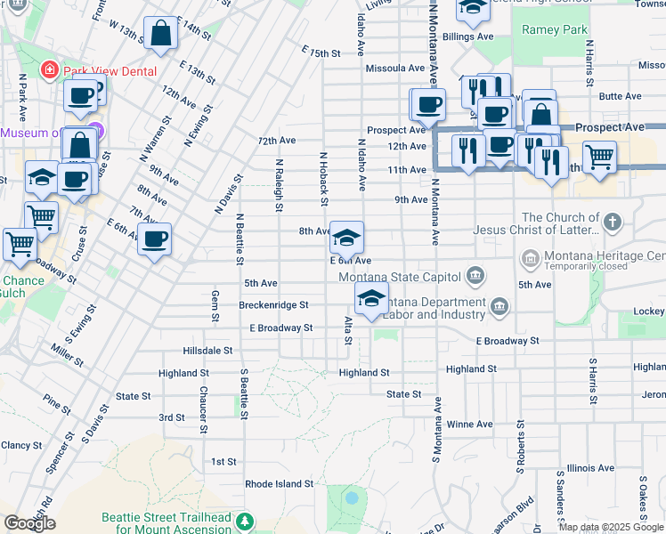 map of restaurants, bars, coffee shops, grocery stores, and more near 842 E 6th Ave in Helena