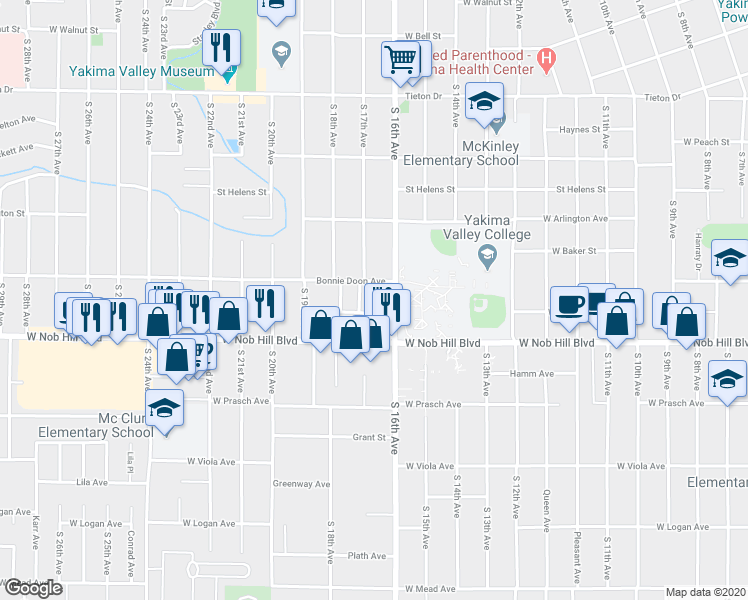 map of restaurants, bars, coffee shops, grocery stores, and more near 1608 Bonnie Doon Avenue in Yakima