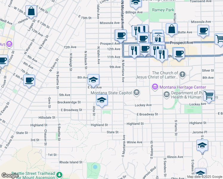 map of restaurants, bars, coffee shops, grocery stores, and more near 1102 East 6th Avenue in Helena