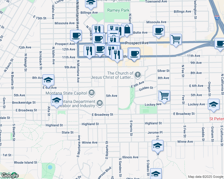 map of restaurants, bars, coffee shops, grocery stores, and more near 225 North Roberts Street in Helena