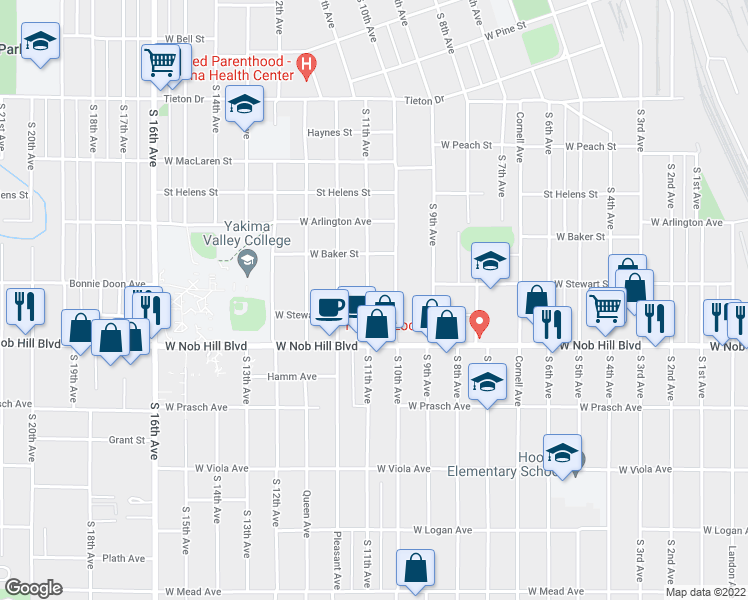 map of restaurants, bars, coffee shops, grocery stores, and more near 1002 South 10th Avenue in Yakima