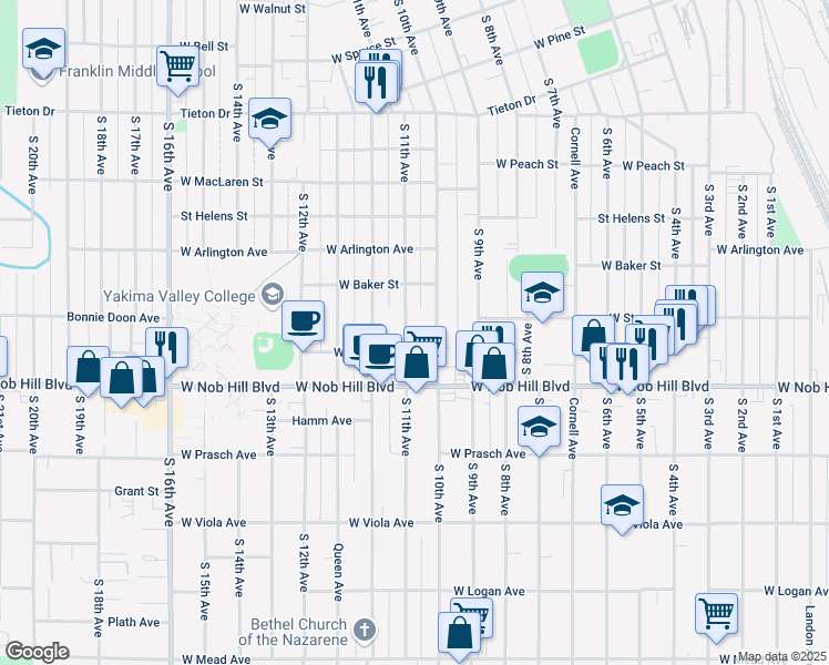 map of restaurants, bars, coffee shops, grocery stores, and more near 1005 South 11th Avenue in Yakima