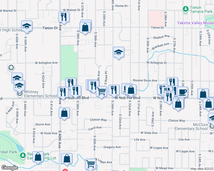 map of restaurants, bars, coffee shops, grocery stores, and more near 1013 South Rose Place in Yakima