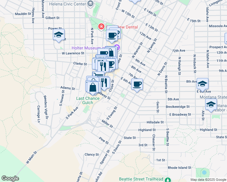 map of restaurants, bars, coffee shops, grocery stores, and more near 1 North Warren Street in Helena