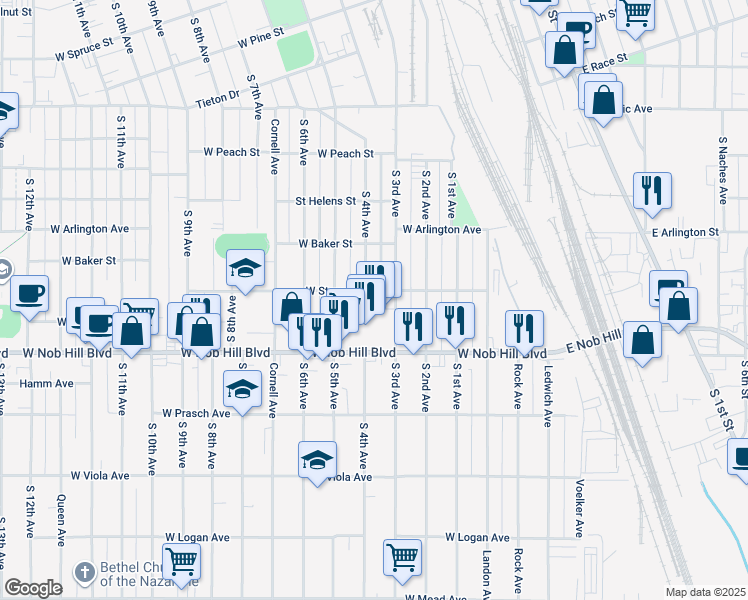 map of restaurants, bars, coffee shops, grocery stores, and more near 302 West Stewart Street in Yakima