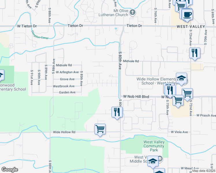 map of restaurants, bars, coffee shops, grocery stores, and more near 8150 Westbrook Avenue in Yakima