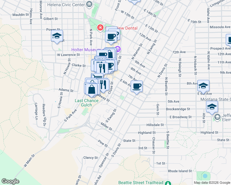 map of restaurants, bars, coffee shops, grocery stores, and more near 213 5th Avenue in Helena