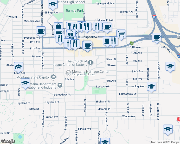 map of restaurants, bars, coffee shops, grocery stores, and more near 1607 East 6th Avenue in Helena