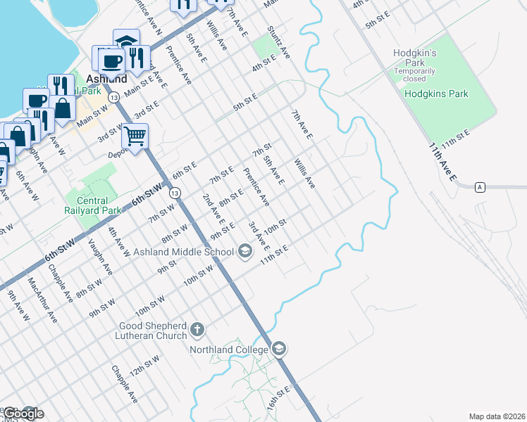 map of restaurants, bars, coffee shops, grocery stores, and more near 819 Prentice Avenue in Ashland