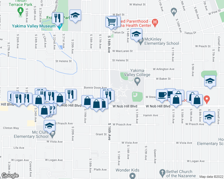 map of restaurants, bars, coffee shops, grocery stores, and more near 1015 South 16th Avenue in Yakima