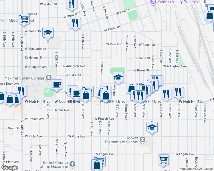map of restaurants, bars, coffee shops, grocery stores, and more near 810 West Stewart Street in Yakima