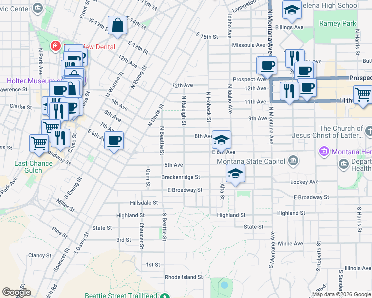 map of restaurants, bars, coffee shops, grocery stores, and more near 800 East 6th Avenue in Helena