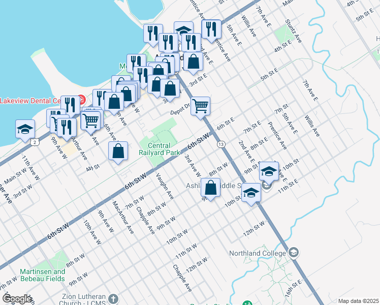 map of restaurants, bars, coffee shops, grocery stores, and more near 606 3rd Avenue West in Ashland