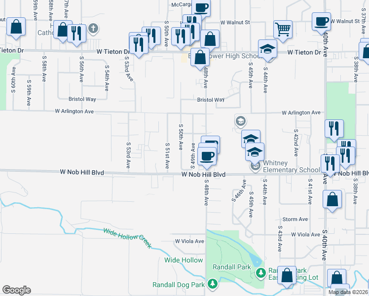 map of restaurants, bars, coffee shops, grocery stores, and more near 1008 South 50th Avenue in Yakima