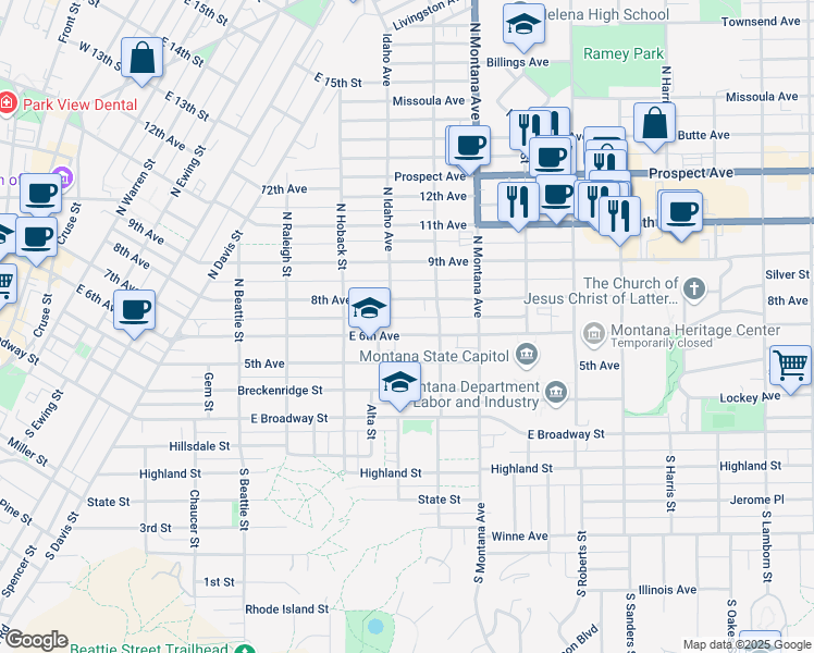 map of restaurants, bars, coffee shops, grocery stores, and more near 1026 East 6th Avenue in Helena