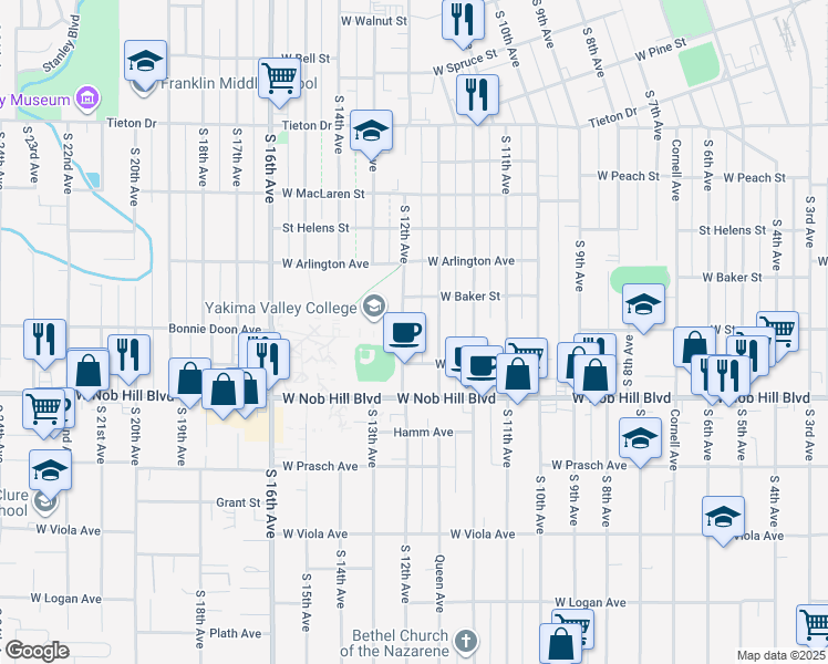 map of restaurants, bars, coffee shops, grocery stores, and more near 1001 South 12th Avenue in Yakima