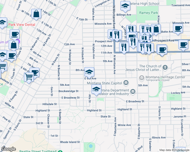 map of restaurants, bars, coffee shops, grocery stores, and more near 1026 East 6th Avenue in Helena