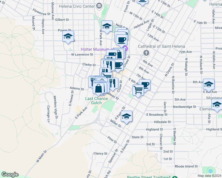 map of restaurants, bars, coffee shops, grocery stores, and more near 2 North Last Chance Gulch in Helena