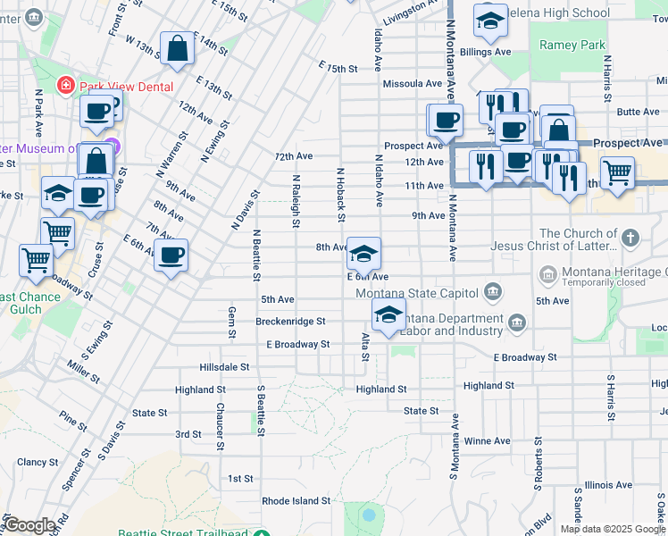 map of restaurants, bars, coffee shops, grocery stores, and more near 842 E 6th Ave in Helena