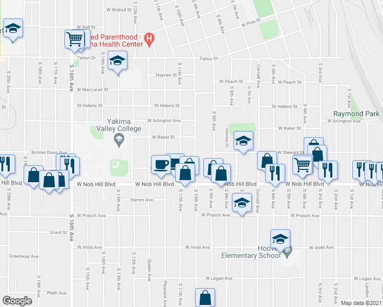 map of restaurants, bars, coffee shops, grocery stores, and more near 1002 South 10th Avenue in Yakima