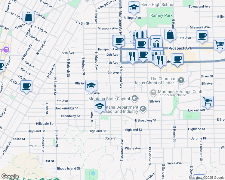 map of restaurants, bars, coffee shops, grocery stores, and more near 1102 East 6th Avenue in Helena