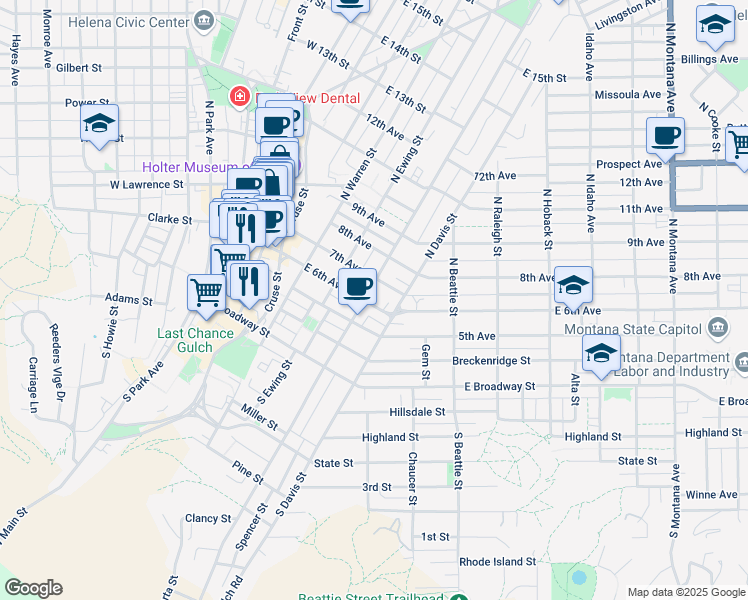 map of restaurants, bars, coffee shops, grocery stores, and more near 400 E 6th Ave in Helena