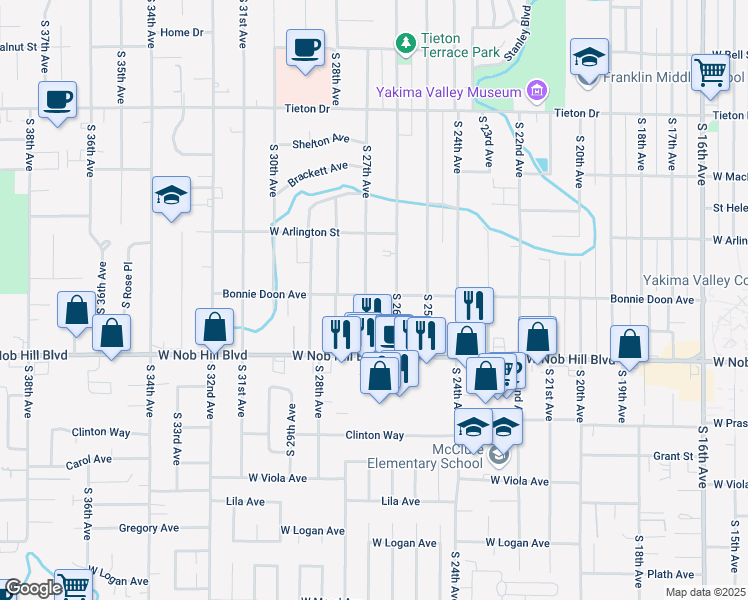 map of restaurants, bars, coffee shops, grocery stores, and more near 2608 Bonnie Doon Avenue in Yakima
