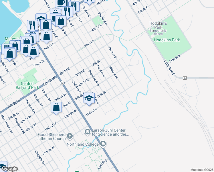 map of restaurants, bars, coffee shops, grocery stores, and more near 917 5th Avenue East in Ashland