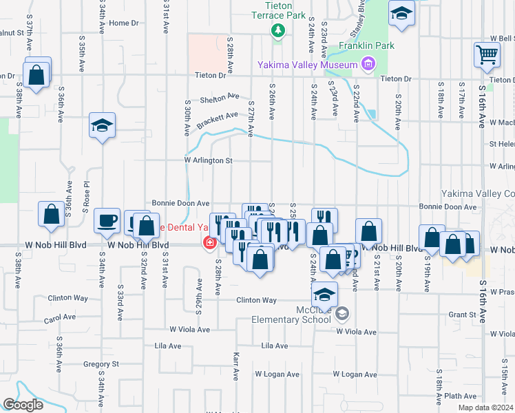 map of restaurants, bars, coffee shops, grocery stores, and more near 2608 Bonnie Doon Avenue in Yakima
