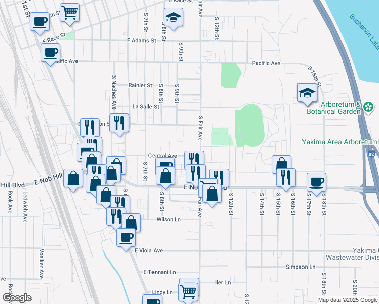 map of restaurants, bars, coffee shops, grocery stores, and more near 909 Central Avenue in Yakima