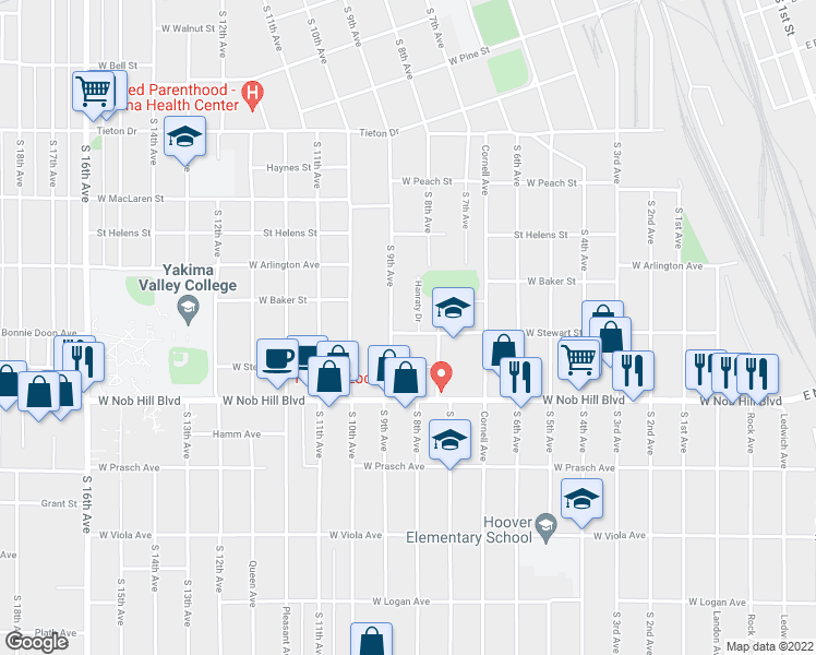map of restaurants, bars, coffee shops, grocery stores, and more near 811 West Stewart Street in Yakima