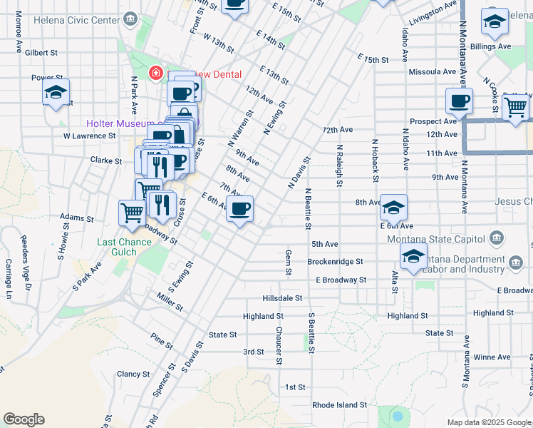 map of restaurants, bars, coffee shops, grocery stores, and more near 320 North Davis Street in Helena