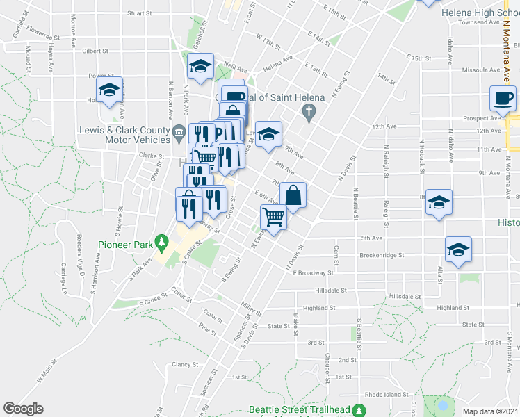 map of restaurants, bars, coffee shops, grocery stores, and more near 203 North Ewing Street in Helena