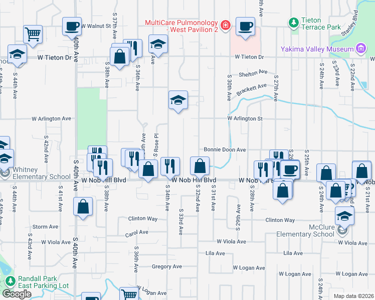 map of restaurants, bars, coffee shops, grocery stores, and more near 1004 South 32nd Avenue in Yakima
