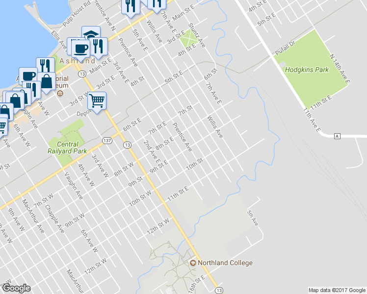 map of restaurants, bars, coffee shops, grocery stores, and more near 819 Prentice Avenue in Ashland