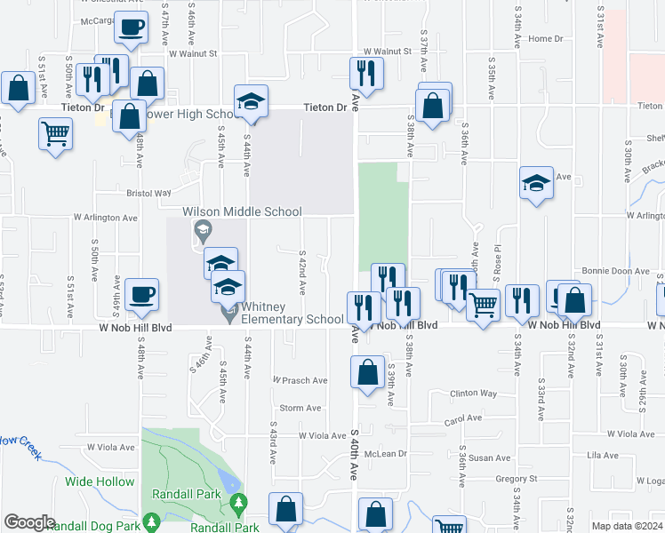 map of restaurants, bars, coffee shops, grocery stores, and more near 915 South 41st Avenue in Yakima